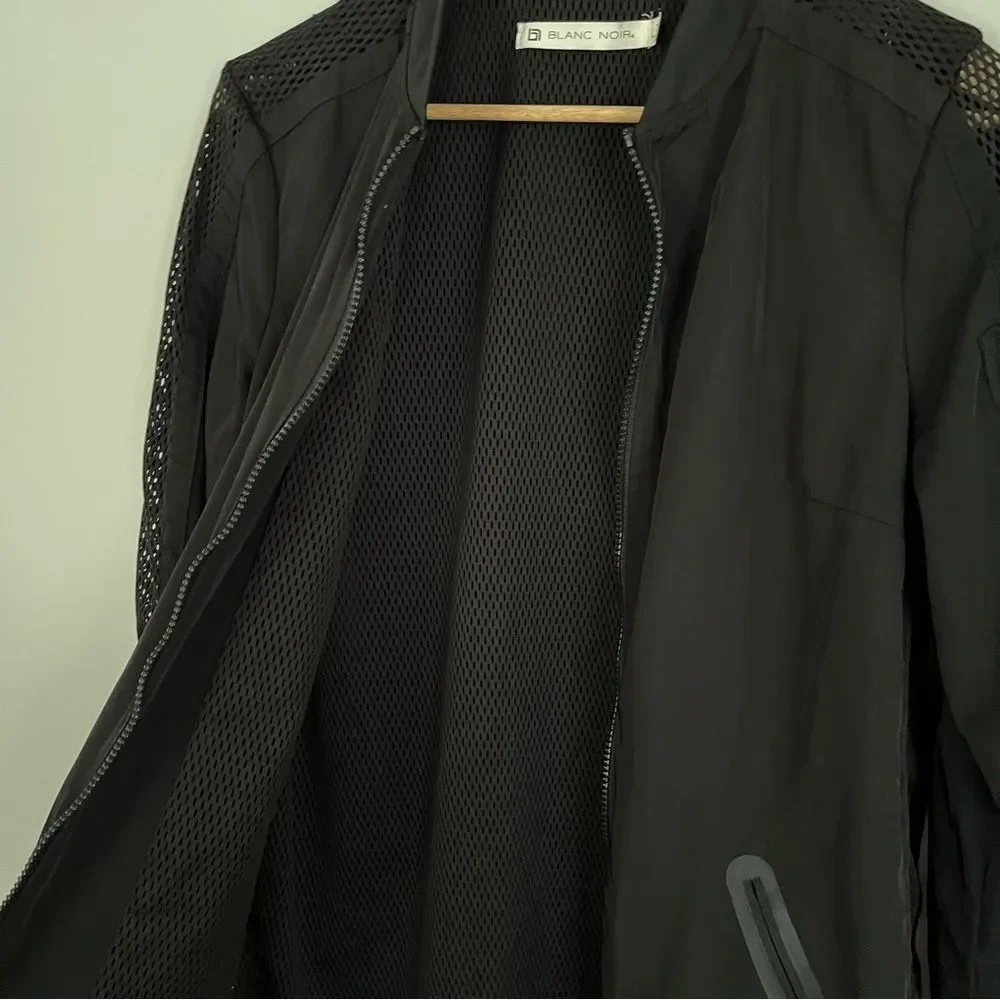 Blank Noir Mesh Panel Long Nylon Bomber Style Jacket in Black, Size S